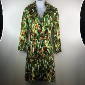 Milly Belted  Button Down  Green/Orange Print Long Spring Jacket
